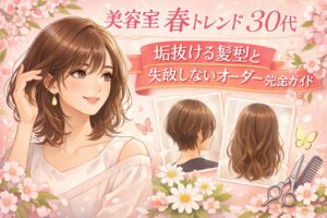 春トレンドの30代女性向けヘアスタイルと美容室オーダー方法を紹介するおしゃれなイラスト